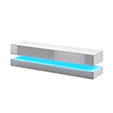 Aviator - Meuble TV Suspendu / Table Basse TV / Banc TV de Salon (140 cm, Blanc Mat / Gris Brillant avec l’éclairage LED bleue)