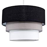 MiniSun Abat-Jour Abats Jour Pour Suspension. 3 Tambours En Cascade. Tissue Aspect Coton, en Noir / Gris & Blanc. Très Contemporain. Adapté pour douille de 28 mm ou de 42 mm