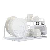 HARIMA Égouttoir et Séchoir Blanc | 2 Niveaux avec Porte-Assiettes, Égouttoir et Panier à Couverts | Métal Antirouille | Gain d'Espace | Multifonctionnel | Pour Évier de Cuisine, Comptoir, Armoire