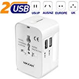 Adaptateur universel prise usb pour un meilleur voyage MAXAH Adaptateur universel de voyage avec 2 ports USB Tout en un adaptateur international adaptateur prise double usb All in One Universal World Wide Travel Adapter pour plus de 150 pays ou région comme Chine Thaïlande Australie angleterre UE Etats unis Japon etc 1A Blanc