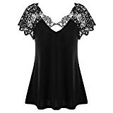 Sunenjoy Chemisier Femme Dentelle Grande Taille, Blouse Femmes Manche Courte T-Shirt Col V Été Chic Élégant Haut Slim Mode Vêtements Sexy (40, Noir)