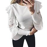LuckyGirls Chemisier T-Shirt de Printemps des Femmes, Couleur Unie à Manches Longues en Dentelle O-Cou Hauts (Blanc, L)