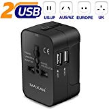 Adaptateur prise universel pour un meilleur voyage MAXAH Adaptateur de voyage avec 2 ports USB adaptateur prise double usb Tout en un adaptateur USB adaptateur international All in One Universal World Wide Travel Adapter pour plus de 150 pays et région comme Asie Chine Thaïlande Union Européenne UK Australie Etats-unis Japon etc 2.1A NOIR
