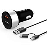 iVoler Quick Charge 3.0 Chargeur de Voiture 30W 2 Ports USB Chargeur Allume Cigare [QC 3.0 Port + Qsmart Port 5V/2.4A] avec 2 en 1 Câble Micro USB & Type C (1m) pour Samsung Galaxy S9/S9+/S8/S8+/S7/S7 Edge/ S6/S6 Edge/+/Note 8/5/4/Edge, LG G6/G5/G4, Asus Zenfone 4/3/2, Android smartphone, Tablette, iPhone, iPad, Batteries Externes, Chargeur Portable, etc. - (Noir / Argent)