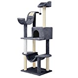 Finether Arbre à Chat 5-Tiers avec Griffoir Recouverts Niche Colonnes Hamac des Perchoirs Plate-Forme et Balle Pendante Renforcées 154cm Charge 3 Chats Moins 7KG, Gris Blanc