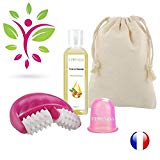 rouleau anticellulite FIT ROLL + VENTOUSE + HUILE HYDRATANTE AMANDE DOUCE 100 ML - ROSE - Appareil de massage Anti Cellulite. Traitement Minceur efficace sur jambes, ventre, hanches, fesses et bras.