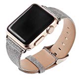 Bling Brillant Glitter PU Cuir Bracelet, Cuitan 38mm Plain Weave Shiny Watch Band Replacement Watchband avec Acier Inoxydable Adaptateur pour 38mm Apple Watch iWatch Tous les modèles - Argent