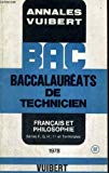 Annales vuibert - bac baccalaureats de technicien - francais et philosophie - serie f,g,h; 1er et terminales -1978 - n° 52
