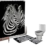 Bearbae 16 pièces Motif zébré de salle de bain Envers en caoutchouc Tapis contour Tapis pour abattant Tapis de bain avec ensemble de tissu assorti Rideau de douche Lot de 12 crochets