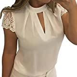 Sunenjoy Chemisier Manche Courte Femmes, Blouse Dentelle Blanc Haut Mousseline Crop Top Col Rond Été T-Shirt Sexy Lâche Casual Chic Vêtements (38, Blanc)