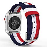 MoKo Bracelet pour Apple Watch Series 3/2/1 38mm, Bande Sportive de Remplacement en Nylon Tissé pour tous les modèles d’Apple Watch 38mm Series 1/2/3, Bleu & Blanc & Rouge