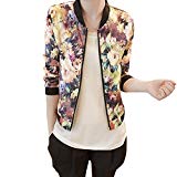 Manteau Femme ,LMMVP Femme Collier de Pied Manche longue Fermeture Eclair Imprimé Floral Veste (XL, Jaune)
