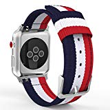 MoKo Bracelet pour Apple Watch Series 3/2/1 42mm, Bande Sportive de Remplacement en Nylon Tissé pour tous les modèles d’Apple Watch 42mm Series 1/2/3, Bleu & Blanc & Rouge