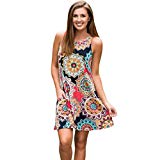 Reaso Robe Femmes d'été Bohême Sans Manches Casual Robe Imprimée Plage Mini Robe Chic Robe de genou (L, Multicolore)