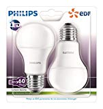 Philips Lot de 2 Ampoules LED Standard Culot E27, 8W équivalent 60W, Blanc Chaud 2700K, Dépolie, Partenariat Philips/EDF