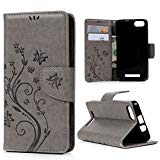 Coque Wiko Lenny 3 , Cuir Housse Lenny 3 Case étui de Portefeuille Protection Pour Wiko Lenny 3 5.0' Etui en Cuir Flip Cover - Motif Retro Fleur Gris