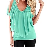 SUNNOW Femme T-Shirt Manche Courte Été Sexy Femmes Casual Col Profond Hors épaule T-Shirt Manches Courtes T-Shirt Tops Epaule Nue Top Dentelle (L, Vert-1)