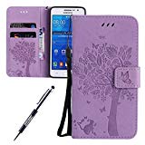 JAWSEU Coque Étui pour Samsung Galaxy Grand Prime G530,Samsung Galaxy Grand Prime G530 Coque en Cuir Folio avec Corde Strap,Samsung Galaxy Grand Prime G530 Housse Portefeuille Pu avec Magnétique Stand,2017 Neuf Ultra Slim Retro Relief Flip en Cuir Étui de protection Lovely Cute Chat et Arbre Motif Ultra Mince Pur Bookstyle Pu Anti scrach Shockproof Bumper Protecteur Coque Coquille avec 9 Fentes de Carte de Crédit+1*Noir Stylo Paillettes-violet clair